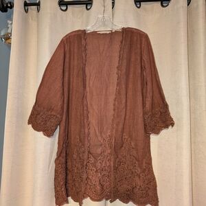 Soft Surroundings Brown Embroidered Open-Front Tunic